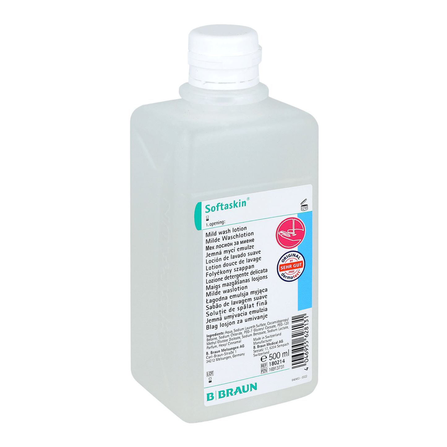 A 500 ml plastic bottle B. Braun Softaskin® Wash Lotion has a white cap and a label with product information in multiple languages. The B. Braun logo and the "Barrier Effect" symbol are clearly visible, guaranteeing the microplastic-free and environmentally friendly nature of the bottle. The brand is B. Braun Deutschland GmbH & Co. KG.