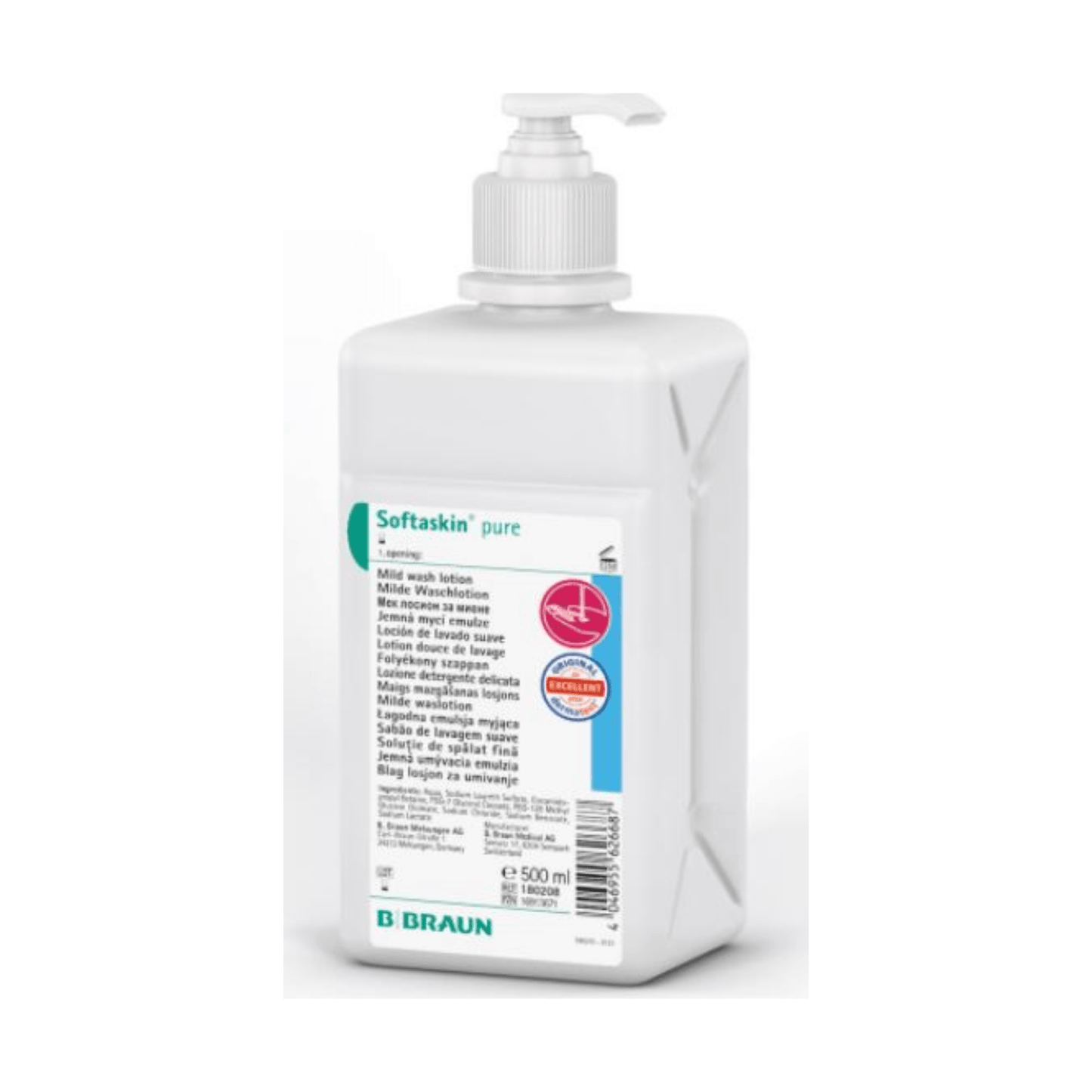 A white plastic bottle with a pump dispenser and the label "B. Braun Softaskin® Wash Lotion" contains 500 ml of mild wash lotion. The label is multilingual and features a red seal emphasizing dermatological approval. The bottle proudly states it is microplastic-free and reflects the commitment of B. Braun Deutschland GmbH & Co. KG to environmental friendliness, as mentioned below.