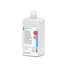 The B. Braun Softaskin® pure 1000 ml bottle from B. Braun Deutschland GmbH & Co. KG features a white rectangular design with a blue-white label, pink logo for skin compatibility, screw cap, and is an allergen-free washing lotion, ideal for sensitive skin.