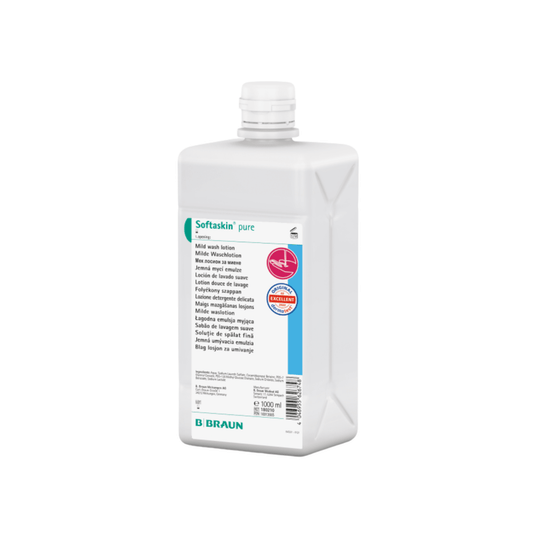 The B. Braun Softaskin® pure 1000 ml bottle from B. Braun Deutschland GmbH & Co. KG features a white rectangular design with a blue-white label, pink logo for skin compatibility, screw cap, and is an allergen-free washing lotion, ideal for sensitive skin.