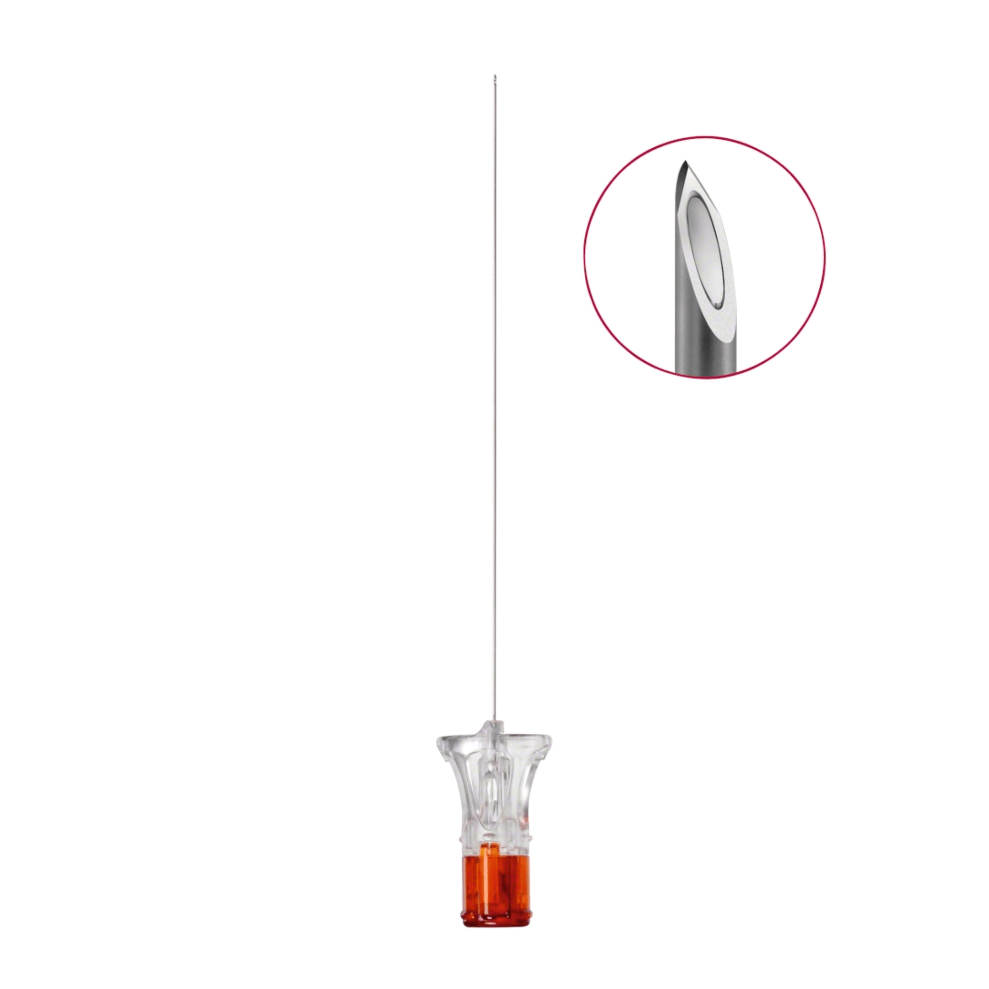 The B. Braun Spinocan® needle with dimensions of 0.53 x 88 mm is depicted vertically on a white background and features a transparent plastic hub with an orange base. A circular insert provides a close-up of the sharp, beveled edge of the needle tip, developed by B. Braun Deutschland GmbH & Co. KG for precise spinal anesthesia applications.