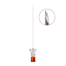 The B. Braun Spinocan® needle with dimensions of 0.53 x 88 mm is depicted vertically on a white background and features a transparent plastic hub with an orange base. A circular insert provides a close-up of the sharp, beveled edge of the needle tip, developed by B. Braun Deutschland GmbH & Co. KG for precise spinal anesthesia applications.