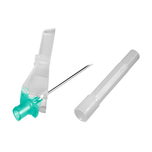 A B. Braun Sterican® Safety injection needle, featuring a blue-green plastic cover at one end and a transparent sleeve at the other, is positioned diagonally with a separate white cap next to it on a plain white background. This illustrates the safety mechanism of modern safety injection needles from B. Braun Deutschland GmbH & Co. KG.