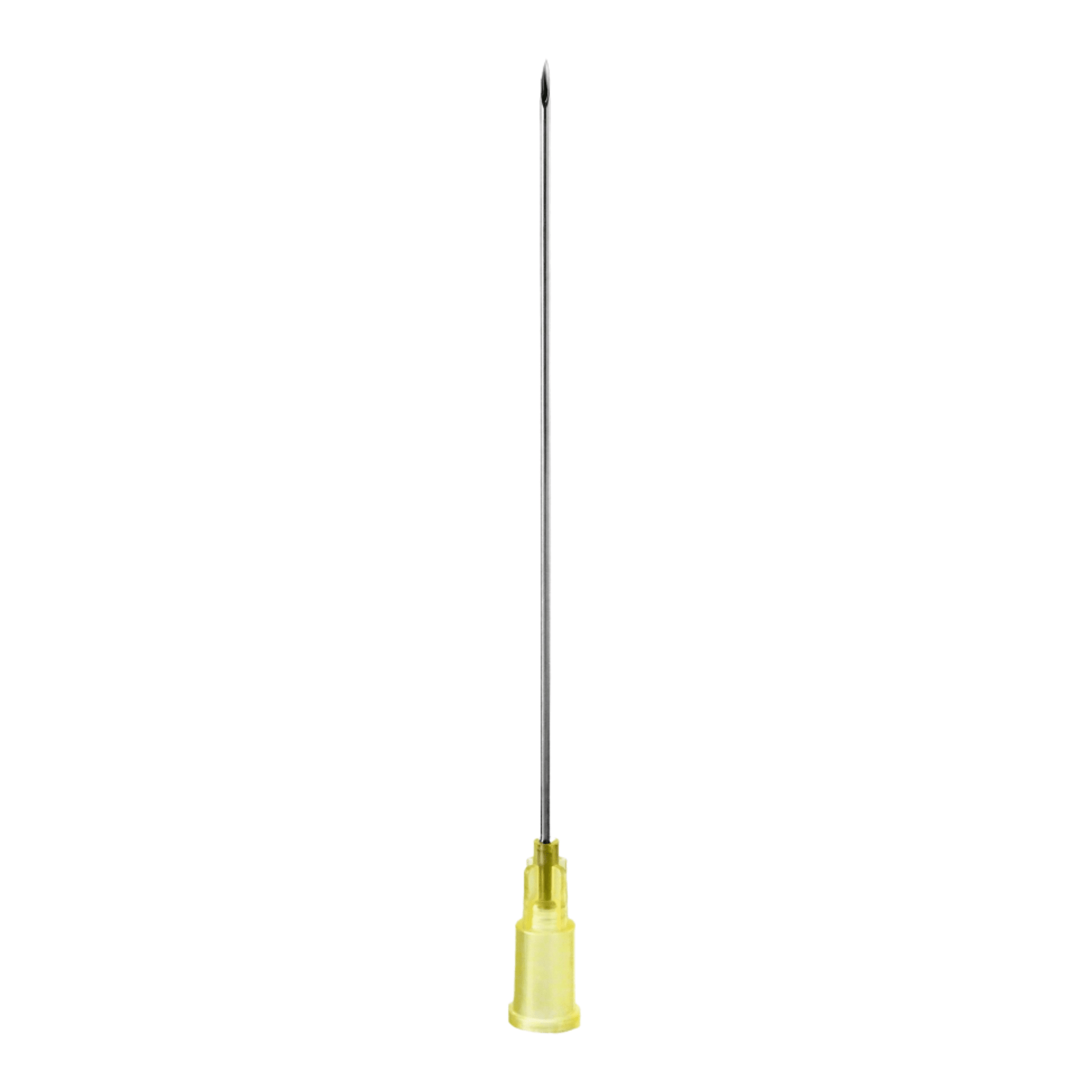 The B. Braun Sterican® Deep Intramuscular Needle from B. Braun Deutschland GmbH & Co. KG features a long, slender metal shaft with a sharp tip, connected to a yellow plastic hub, making it perfect for single-use needles or intramuscular injections. The needle is depicted vertically against a plain white background.