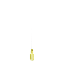 The B. Braun Sterican® Deep Intramuscular Needle from B. Braun Deutschland GmbH & Co. KG features a long, slender metal shaft with a sharp tip, connected to a yellow plastic hub, making it perfect for single-use needles or intramuscular injections. The needle is depicted vertically against a plain white background.