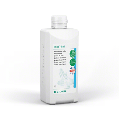 A white bottle labeled "B. Braun Trixo®-lind care lotion" from B. Braun Deutschland GmbH & Co. KG, featuring a green hand symbol. The label emphasizes the moisturizing formula with a skin-neutral pH value and multilingual text, suitable for frequent use.