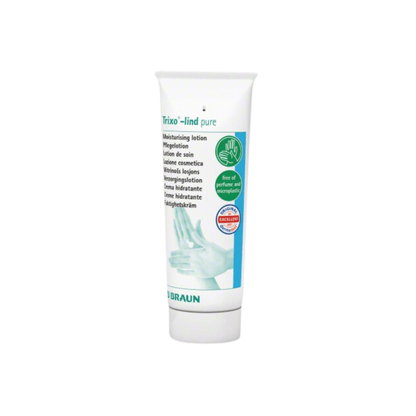 The white tube B. Braun Trixo®-lind pure care lotion is ideal for sensitive skin. It is equipped with a green-blue label featuring a hand symbol and multilingual application instructions. At the bottom edge, the brand name B. Braun Deutschland GmbH & Co. KG is displayed.