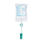 A 100 ml bag of saline solution 0.9% NaCl from the brand B. Braun Deutschland GmbH & Co. KG is hung with a green plastic hook. The B.Braun Uro-Tainer® NaCl is designed for intravesical instillation and carries various medical information and symbols on its front.