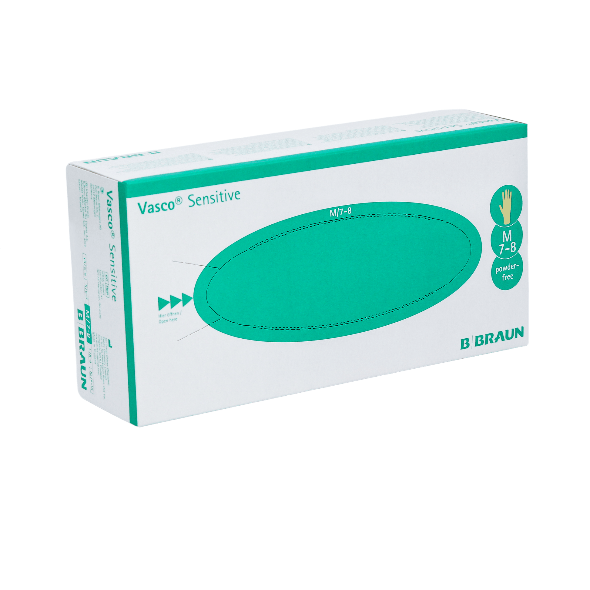 A box of B. Braun Vasco® Sensitive Latex Examination Gloves in size Medium (7-8) from B. Braun Deutschland GmbH & Co. KG comes in a predominantly white and green packaging with a hand symbol indicating that these gloves are powder-free and designed with natural latex material for sensitive applications.