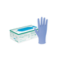 A box of B. Braun Vasco® nitrile blue examination gloves with a rolled cuff, marked for medical use, is pictured. Next to it, a glove stands upright. On the box, there are text and graphics with detailed specifications and trademarks of B. Braun Deutschland GmbH & Co. KG, clearly marked as latex-free.