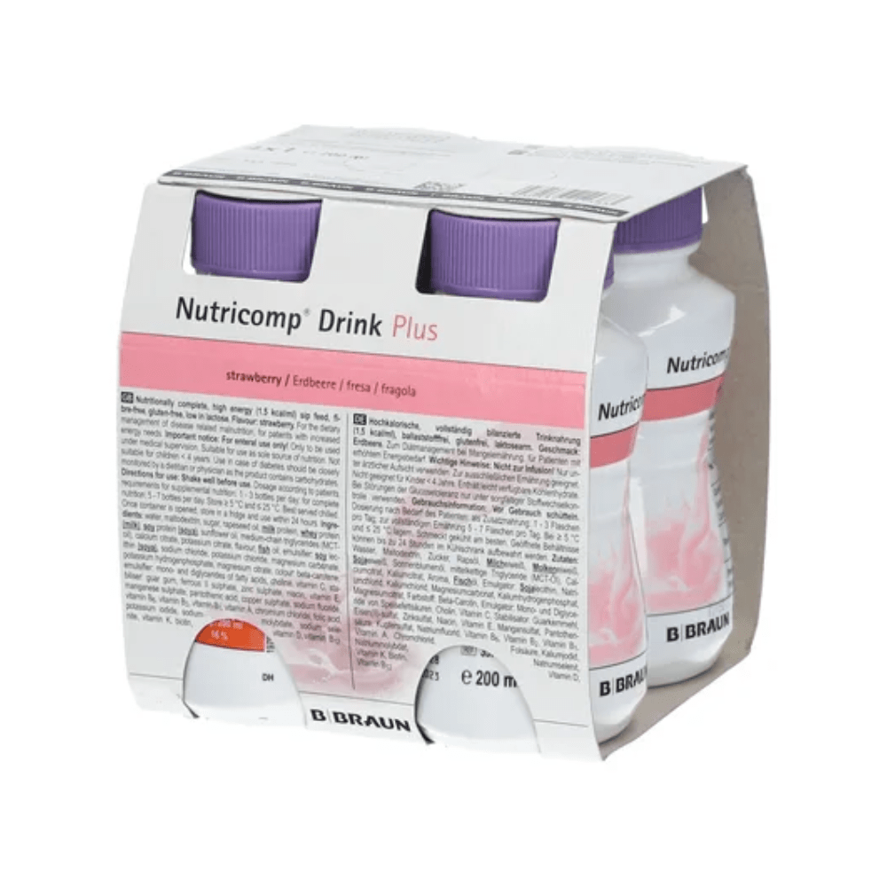 A set of four bottles of B. Braun Nutricomp® Drink Plus, a high-calorie nutritional drink with strawberry flavor, developed to combat malnutrition through oral intake. Each bottle has a purple cap and is labeled in multiple languages, while the white packaging is decorated with red and pink accents.
