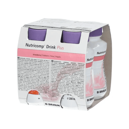 A set of four bottles of B. Braun Nutricomp® Drink Plus, a high-calorie nutritional drink with strawberry flavor, developed to combat malnutrition through oral intake. Each bottle has a purple cap and is labeled in multiple languages, while the white packaging is decorated with red and pink accents.
