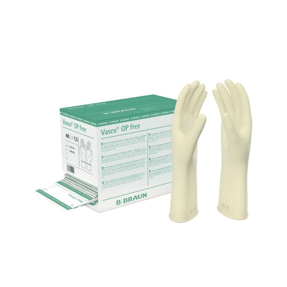 A box of B. Braun Vasco OP free OP gloves latex-free sterile size 7 (40 pairs) with two cream gloves standing upright next to it. White and green packaging shows size and details. Latex-free - ideal for those with latex allergies. Brand: B. Braun Deutschland GmbH & Co. KG.