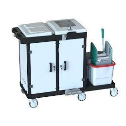 The Arcora Bora Medical 750 Service Trolley Complete by Arcora International GmbH is a cleaning trolley with two white compartments, four wheels, mop bucket with wringer, handle, closed storage doors, and a flat shelf for consumables.