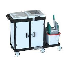 The Arcora Bora Medical 750 Service Trolley Complete by Arcora International GmbH is a cleaning trolley with two white compartments, four wheels, mop bucket with wringer, handle, closed storage doors, and a flat shelf for consumables.
