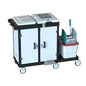 The Arcora Bora Medical 750 Service Trolley Complete by Arcora International GmbH is a cleaning trolley with two white compartments, four wheels, mop bucket with wringer, handle, closed storage doors, and a flat shelf for consumables.
