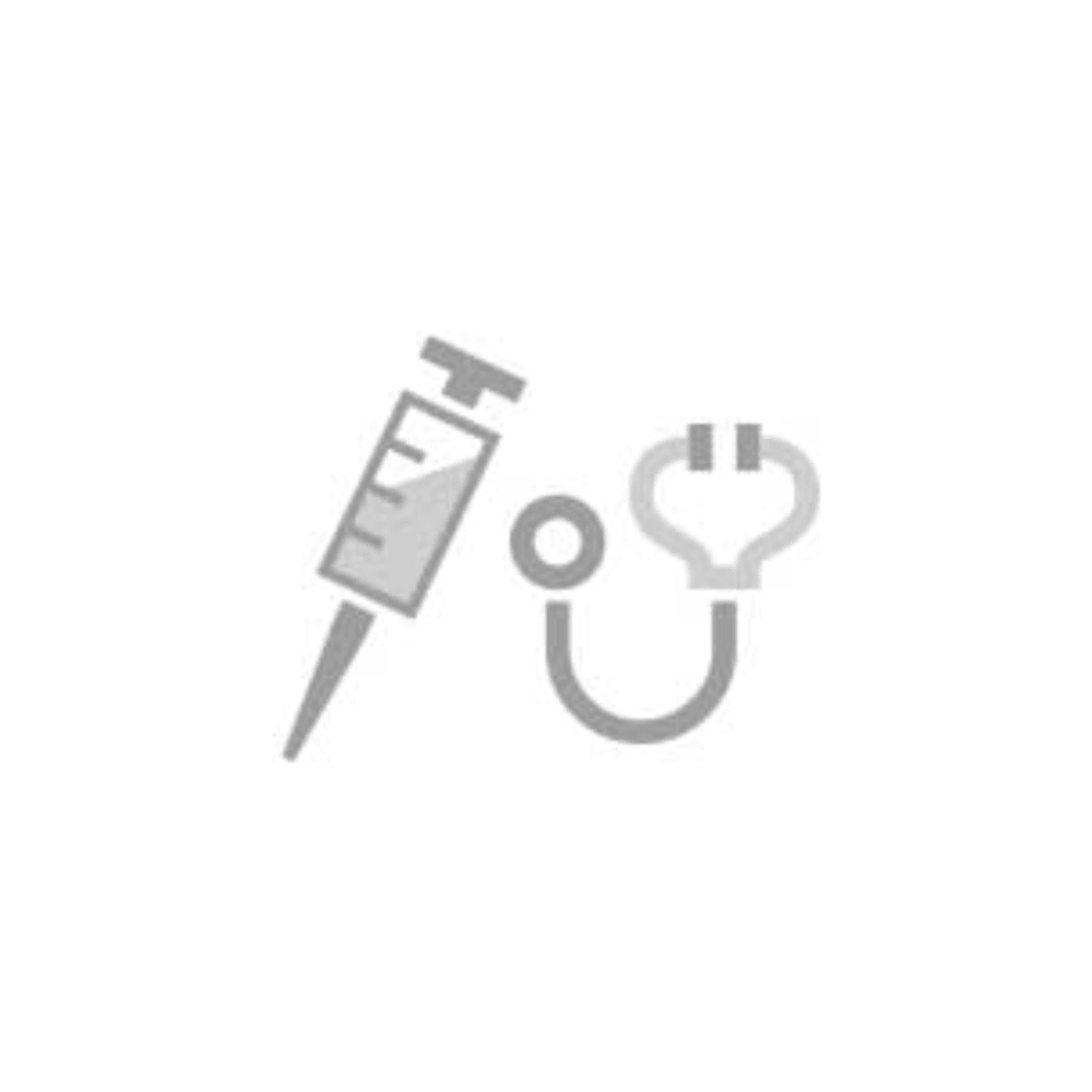 A gray symbol of a medical syringe and a stethoscope on a white background demonstrates the precise flow control capability in medical procedures with the BD infusion devices for pressure and gravity infusions by Servoprax GmbH.