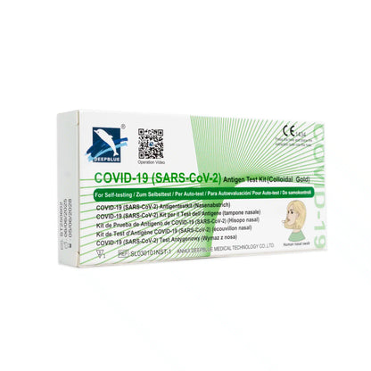A deep blue LAIENTEST 1-piece COVID-19 Antigen Rapid Test Kit from Altruan is depicted against a white background. The packaging is white and green, with multilingual text and an illustration of a human head.
