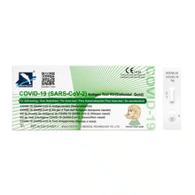 A deep blue LAIENTEST 1-piece COVID-19 antigen rapid test kit from Altruan is pictured next to a COVID-19 Ag test device with a visible result window; the packaging includes a multilingual guide for self-testing at home.