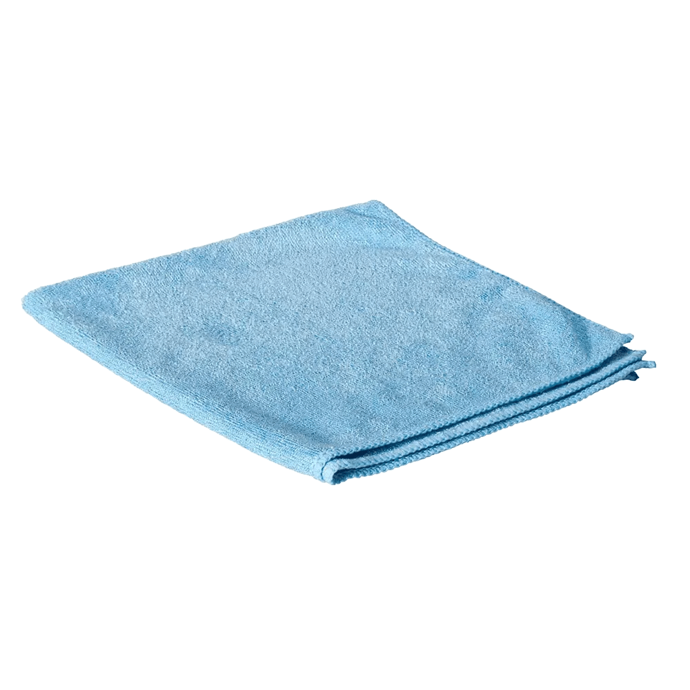 Against a white background, a neatly folded light blue AMPri Clean Comfort microfiber cloth 40 x 40 from AMPri Handelsgesellschaft mbH is visible.