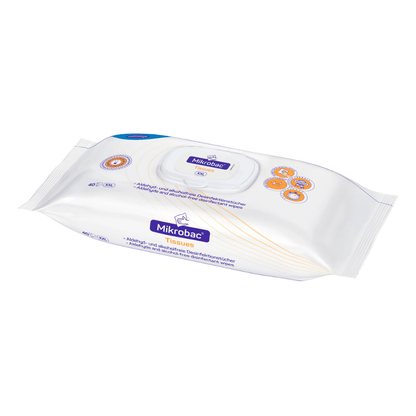 Package of BODE Mikrobac® Tissues surface disinfectant wipes in white plastic packaging with blue-orange design and resealable lid. Contents: 40 wipes from Paul Hartmann AG.