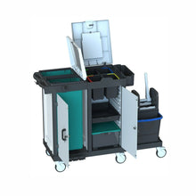 The Arcora Bora Medical 750 X-Line with box system from Arcora International GmbH is a medical cleaning cart (1415 x 600 x 1115 mm) with four wheels, open compartments, visible shelves, and racks for organized storage of consumables.