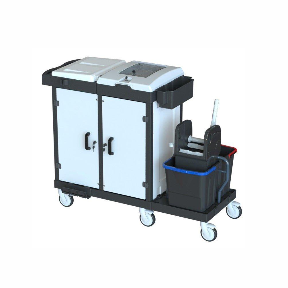 The Arcora Bora Medical 750 X-Line cleaning cart from Arcora International GmbH features a box system, two closed compartments, two storage compartments with lids, and a mop bucket with wringing device and side storage handles; dimensions: 1415 x 600 x 1115 mm.