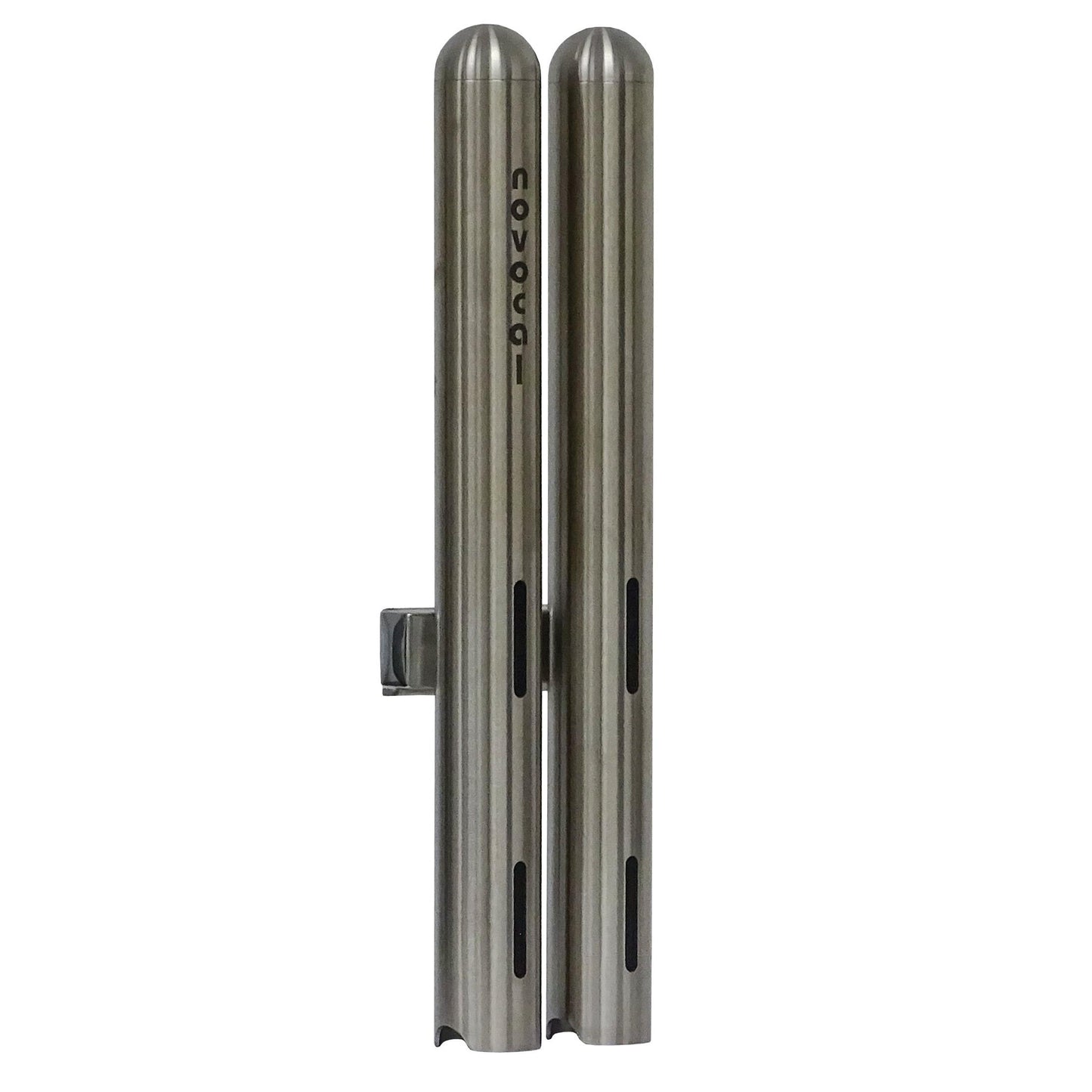 Two vertical Novocal cup dispensers double from stainless steel, each Ø 42.4 mm and for about 28 medication cups, standing side by side with the print "novocat" on one and horizontal slots on both brushed metal dispensers.