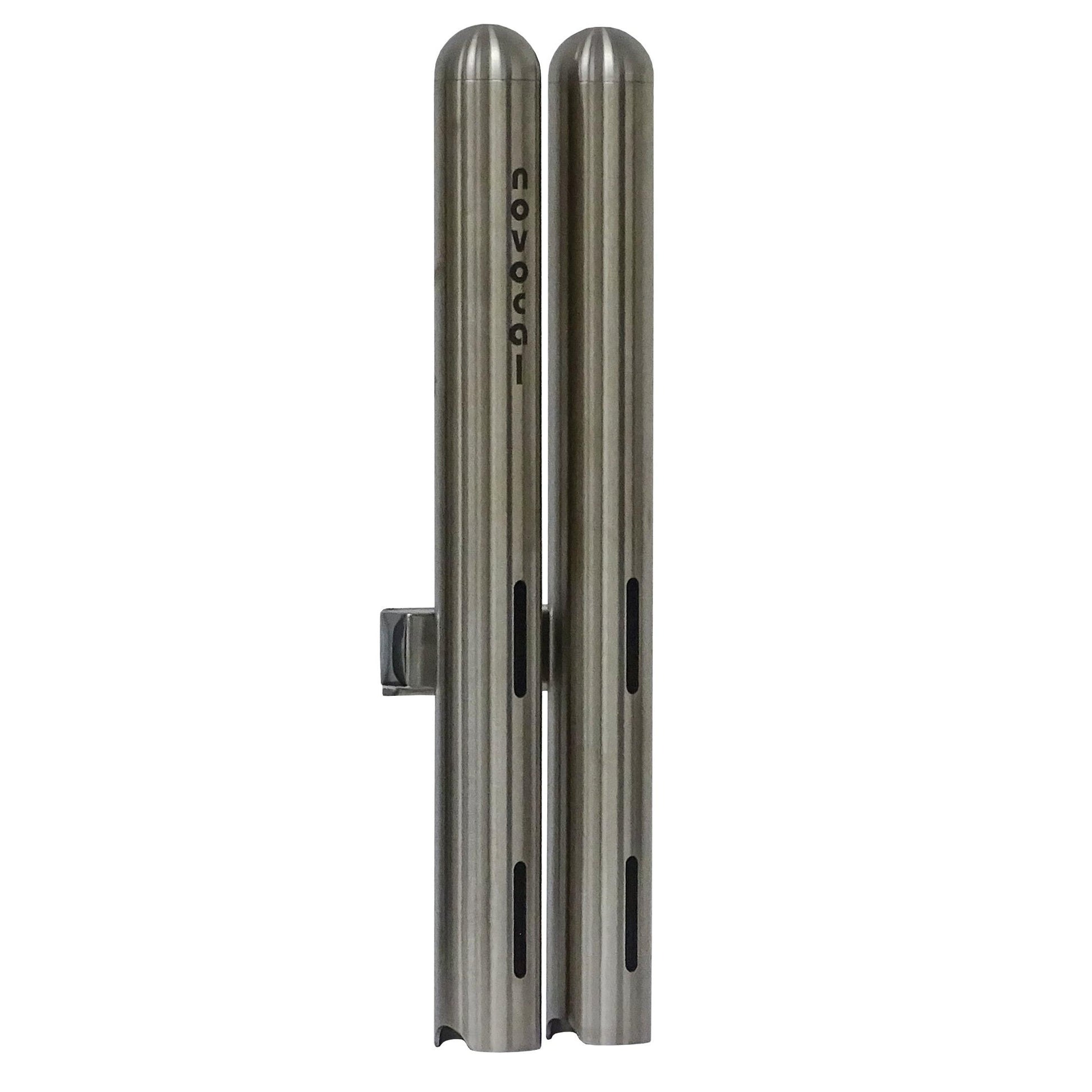 Two vertical Novocal cup dispensers double from stainless steel, each Ø 42.4 mm and for about 28 medication cups, standing side by side with the print "novocat" on one and horizontal slots on both brushed metal dispensers.