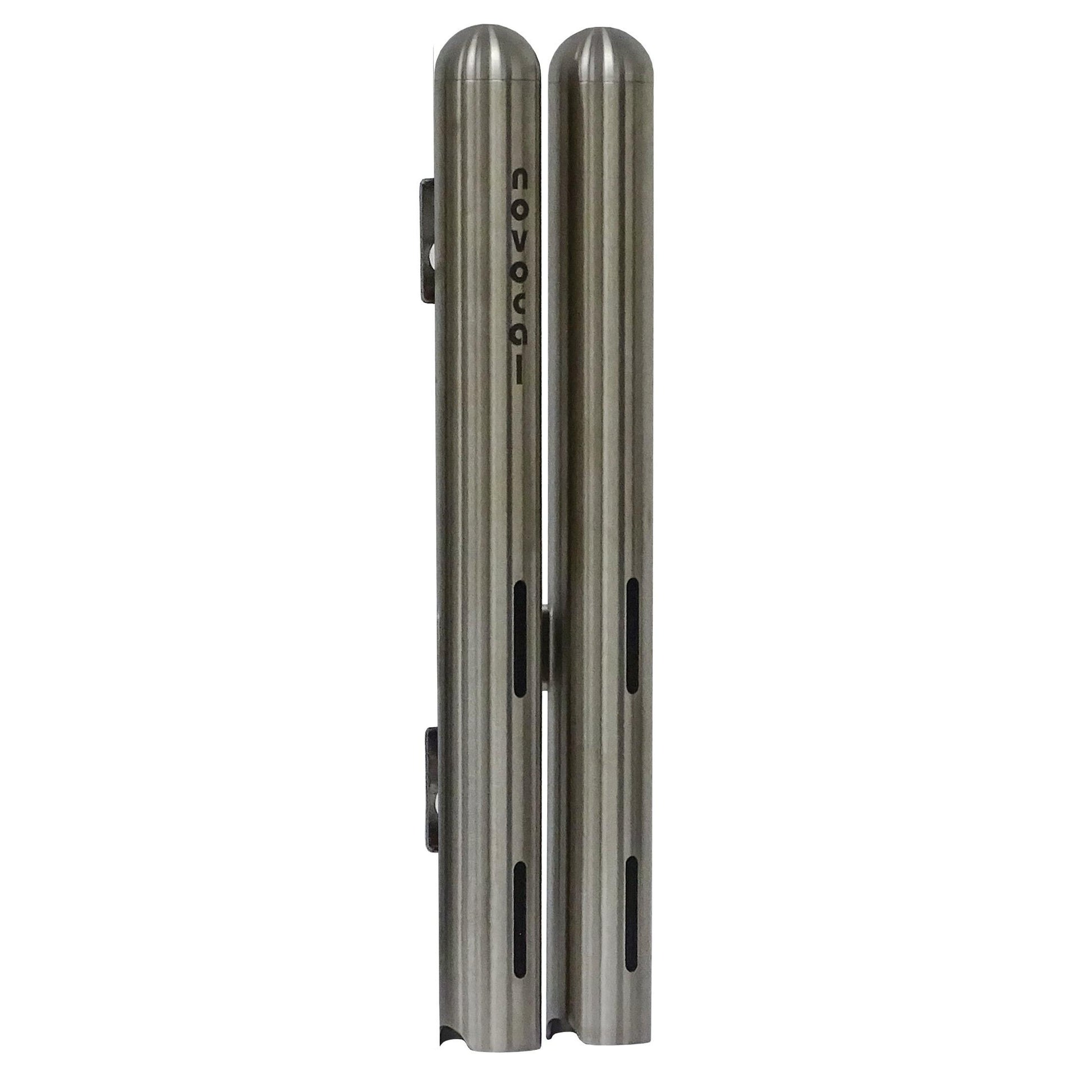 Two Novocal cup dispensers made of stainless steel (double, each Ø 42.4 mm) for about 28 medication cups, with vertical grooves and horizontal slots, connected by clips. The lettering "novocai" is printed vertically on one cup - ideal for an organized dispensing.