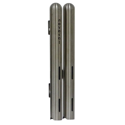 Two Novocal cup dispensers made of stainless steel (double, each Ø 42.4 mm) for about 28 medication cups, with vertical grooves and horizontal slots, connected by clips. The lettering "novocai" is printed vertically on one cup - ideal for an organized dispensing.