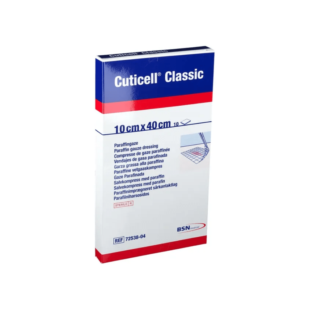 The image shows a package of BSN Cuticell® Classic sterile ointment dressing with paraffin from BSN Medical GmbH. The packaging is white with blue and red text, measures 10 cm x 40 cm, and contains multilingual descriptions as well as the BSN Medical logo, making it ideal for wound care.