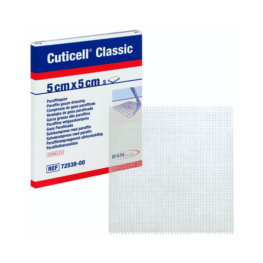 The image shows a rectangular box labeled "BSN Cuticell® Classic sterile ointment dressing with paraffin" from BSN Medical GmbH, with dimensions of 5 cm x 5 cm and a package quantity of 5 pieces. The text contains the term "paraffin gauze" in several languages, indicating that it is impregnated with soft paraffin. In front of the box is a square piece of white gauze, ideal for exudating wounds.