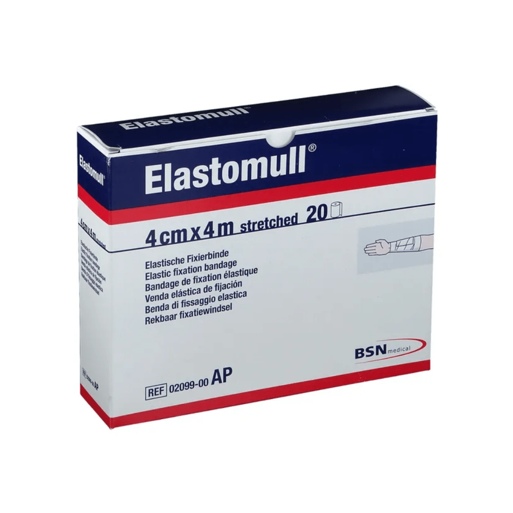 A box of elastic BSN Elastomull® bandages from BSN Medical GmbH labeled "4 cm x 4 m stretched" contains 20 pieces. The multilingual packaging emphasizes the high cotton content and good skin compatibility of the product and shows a schematic representation of the application on the arm.