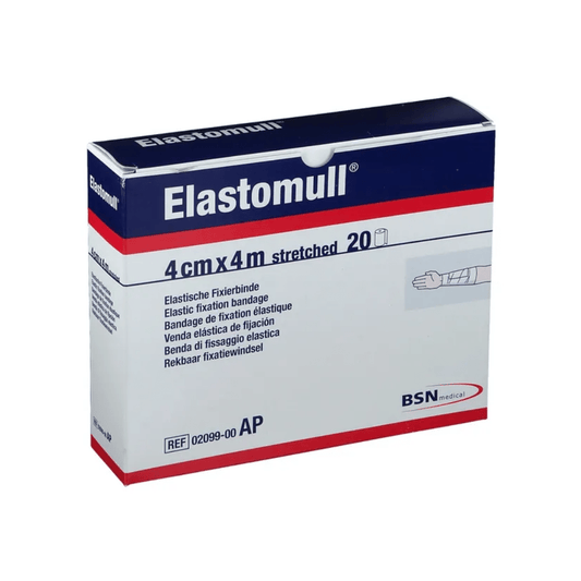 A box of elastic BSN Elastomull® bandages from BSN Medical GmbH labeled "4 cm x 4 m stretched" contains 20 pieces. The multilingual packaging emphasizes the high cotton content and good skin compatibility of the product and shows a schematic representation of the application on the arm.