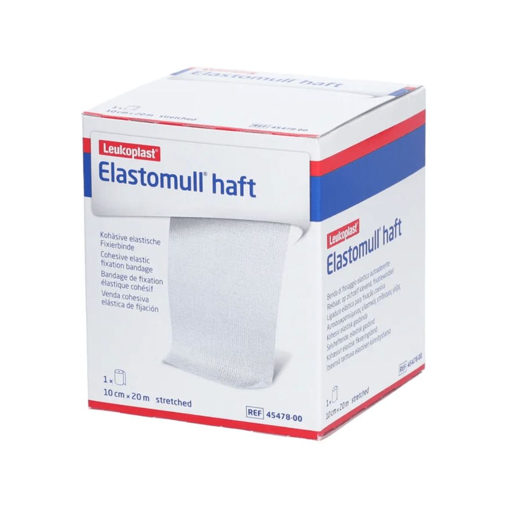 A box of BSN Elastomull® haft, an elastic fixation bandage from BSN Medical GmbH. The box is predominantly white with blue and red accents and displays product details and specifications on the front.