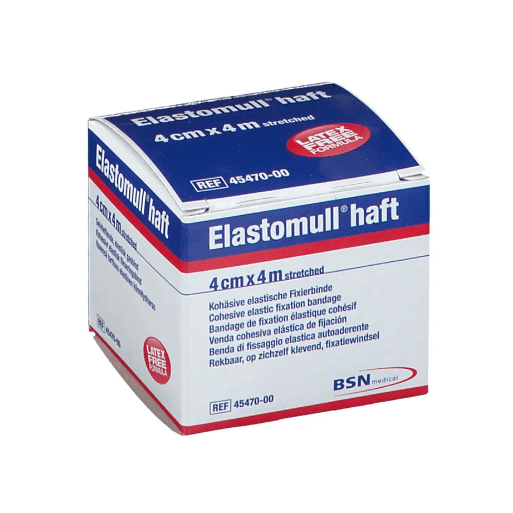A box of BSN Elastomull® haft, an elastic fixation bandage with latex-free polymer. The packaging is white with blue and red text, the size is indicated as 4 cm x 4 m stretched, label from BSN Medical GmbH.