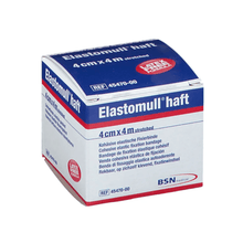 A box of BSN Elastomull® haft, an elastic fixation bandage with latex-free polymer. The packaging is white with blue and red text, the size is indicated as 4 cm x 4 m stretched, label from BSN Medical GmbH.