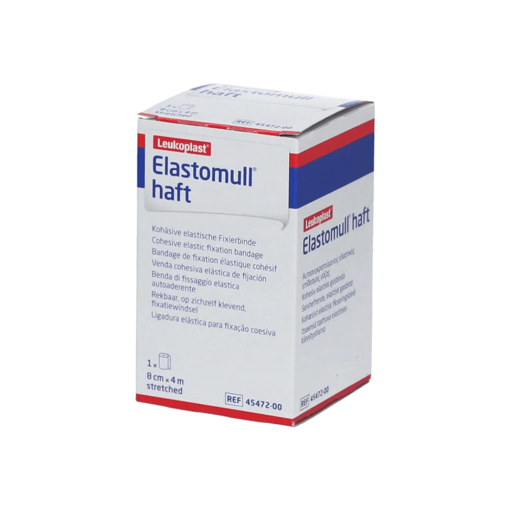 Displayed is a box of BSN Elastomull® haft, an elastic fixation bandage from BSN Medical GmbH made of latex-free polymer. The predominantly white packaging is accented with red and blue and contains text in multiple languages.