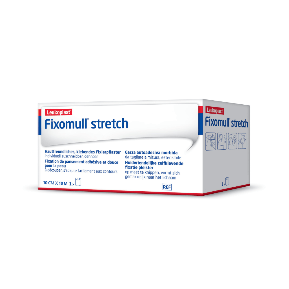 A roll of BSN Elastomull® stretch, an elastic fixation bandage for dressing fixation, is packaged with multilingual product information and features a blue-white design. It is 10 cm x 10 m in size and marked with symbols indicating its function as an elastic adhesive solution.