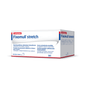 A roll of BSN Elastomull® stretch, an elastic fixation bandage for dressing fixation, is packaged with multilingual product information and features a blue-white design. It is 10 cm x 10 m in size and marked with symbols indicating its function as an elastic adhesive solution.