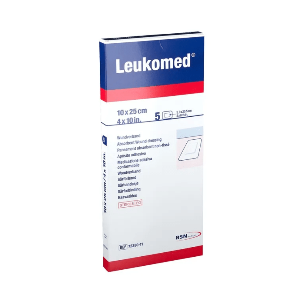 The image shows a box of BSN Leukomed® sterile wound dressing from BSN Medical GmbH. The packaging measures 10x25 cm (4x10 inches) and contains five sterile adhesive bandages. It is designed in a red-blue color scheme and is multilingual, indicating skin compatibility for sensitive skin.