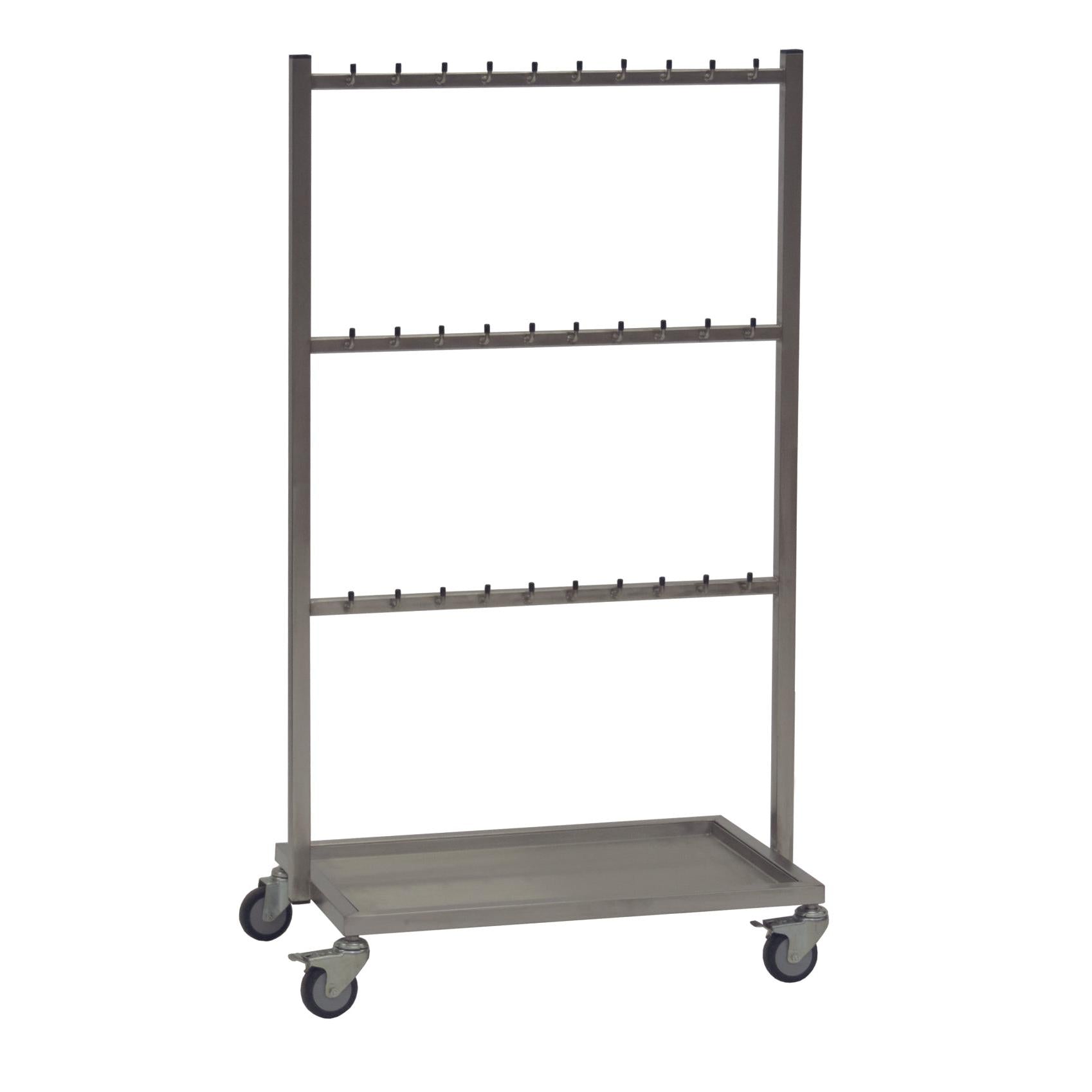 The Novocal stainless steel abdominal towel cart offers 3 crossbars with 10 hooks each, four wheels, and a stainless steel base tray - ideal for organization in hospital facilities or as a medical cart.