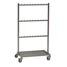 The Novocal stainless steel abdominal towel cart offers 3 crossbars with 10 hooks each, four wheels, and a stainless steel base tray - ideal for organization in hospital facilities or as a medical cart.