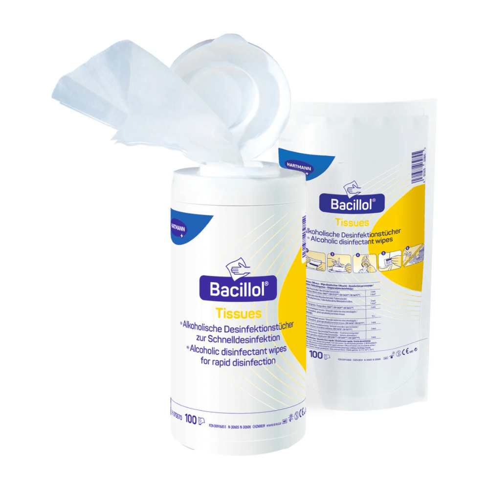 A container with BODE Bacillol® AF Tissues Alcoholic Disinfectant Wipes with an open lid and a partially pulled-out wipe, next to the product packaging with application instructions and content. Brand name: Paul Hartmann AG