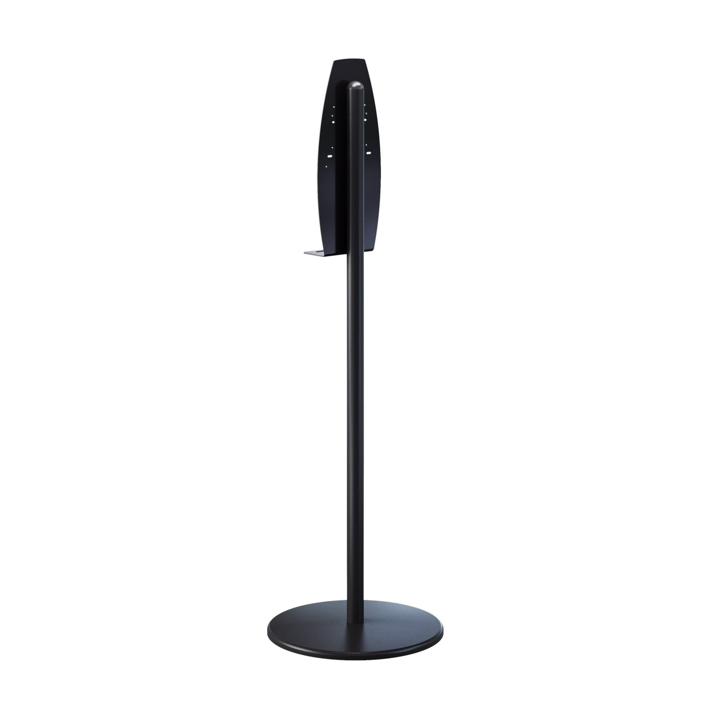 The Kimberly-Clark Professional™ Electronic Lotion Stand in Black by Kimberly-Clark GmbH is a freestanding metal stand with a round base and tall rod - ideal for hygienic hand cleaning.