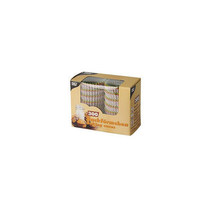 Pictured is a box with 300 PAPSTAR baking cups Ø 2.4 cm in various colors. The packaging by PAPSTAR GmbH features a window that reveals the stacked baking cups inside and contains a small image of baked goods in the lower left corner.