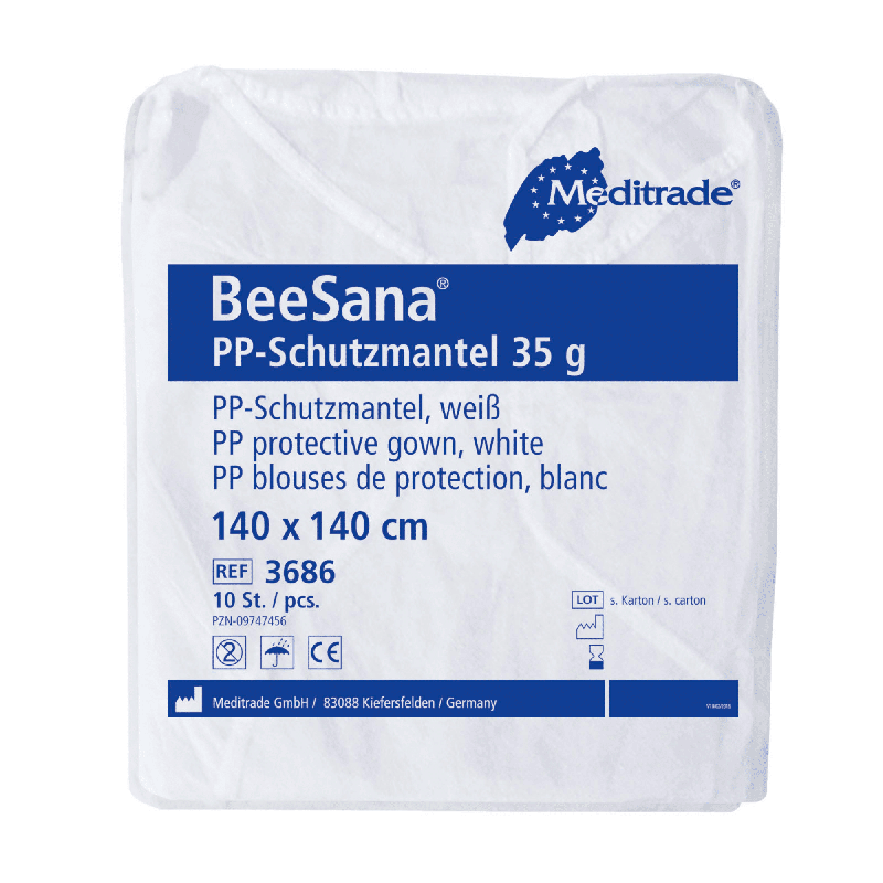 Packaging for the Meditrade BeeSana® PP protective gown 35g, a white protective gown for hospital use by Meditrade GmbH. The packaging measures 140 x 140 cm and is ideal for single use. It contains a total of 100 pieces per package.