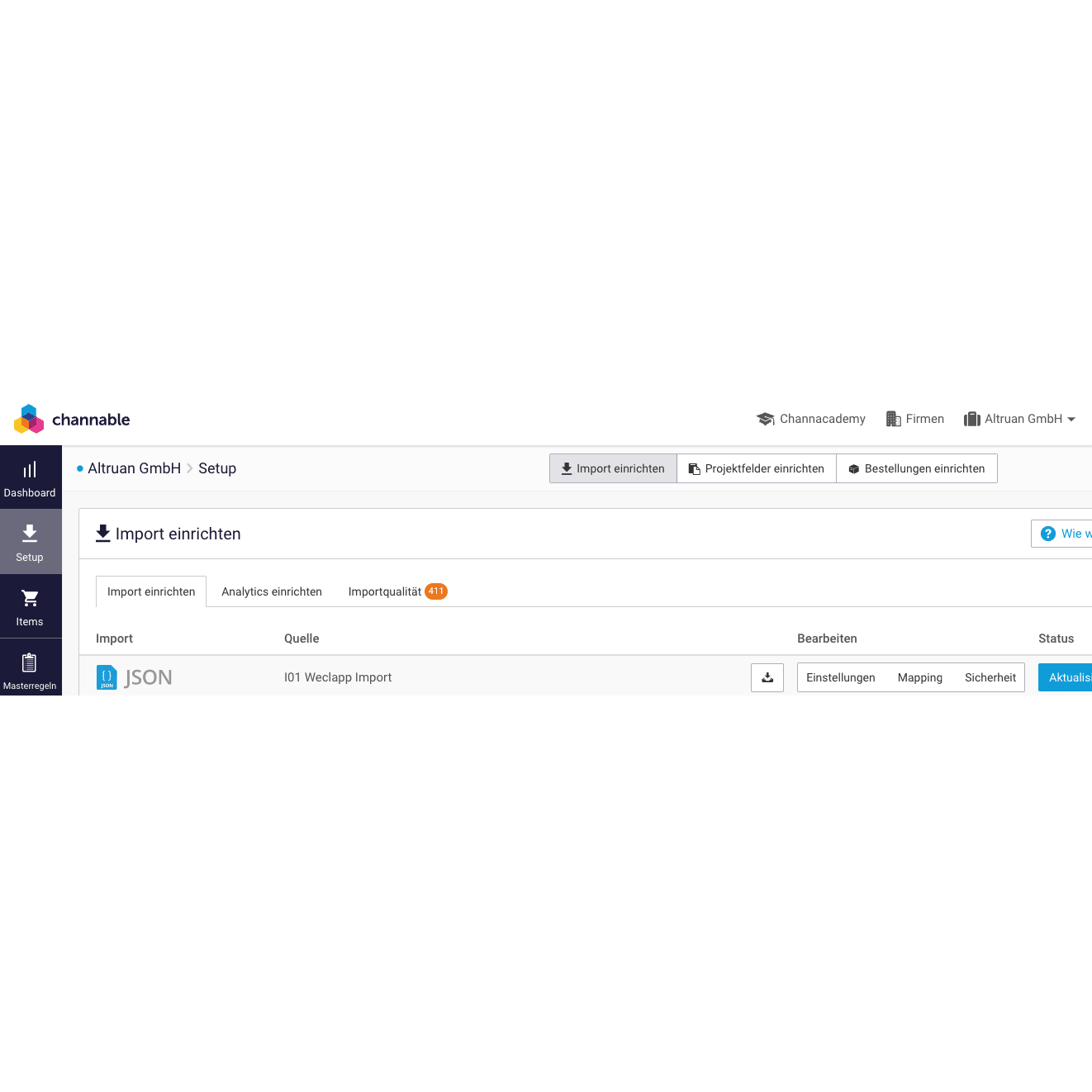 Screenshot of the Altruan interface with navigation fields on the left side and ArtikelMeister feed: Weclapp Article JSON / CSV feed settings displayed, with options such as "Set up import," "Set up analytics," and focused