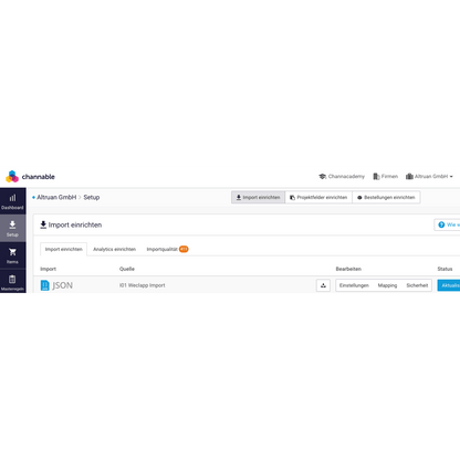 Screenshot of the Altruan interface with navigation fields on the left side and ArtikelMeister feed: Weclapp Article JSON / CSV feed settings displayed, with options such as "Set up import," "Set up analytics," and focused